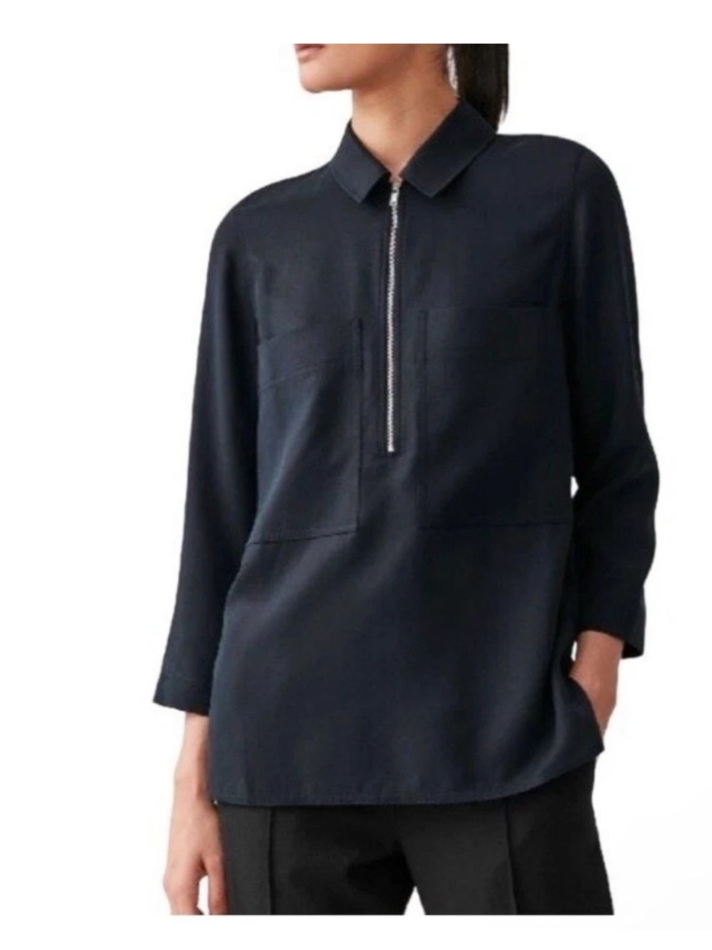 COS Top Womens Sz 6 Black Half Zip Shirt Patch Pocket Minimalist Modern Capsule